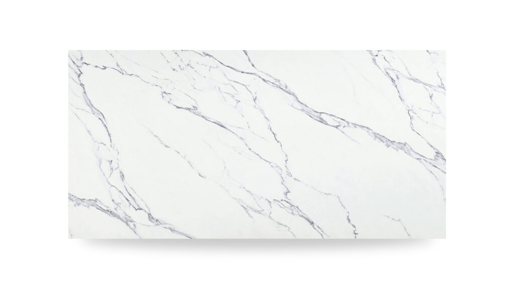 A white surface with prominent, gray veining patterns that crisscross diagonally, giving it a classic marble-like appearance.