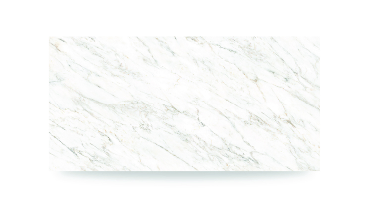 The image shows a white surface with soft, beige and gray veining in a diagonal pattern, resembling a marble or quartz countertop with a polished finish.