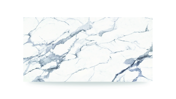 The image shows a white surface with bold, dramatic gray veining in an intricate, irregular pattern, resembling a marble or quartz countertop.