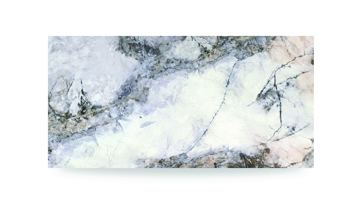 The image shows a multicolored surface with white, gray, and beige tones, featuring bold, irregular veining and patterns, resembling natural stone.