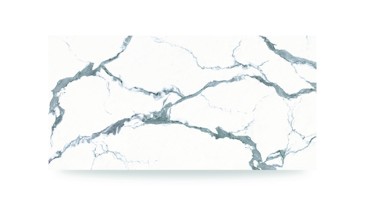 The image shows a white surface with bold, dramatic gray veining in an irregular, branching pattern, resembling a marble or quartz countertop.