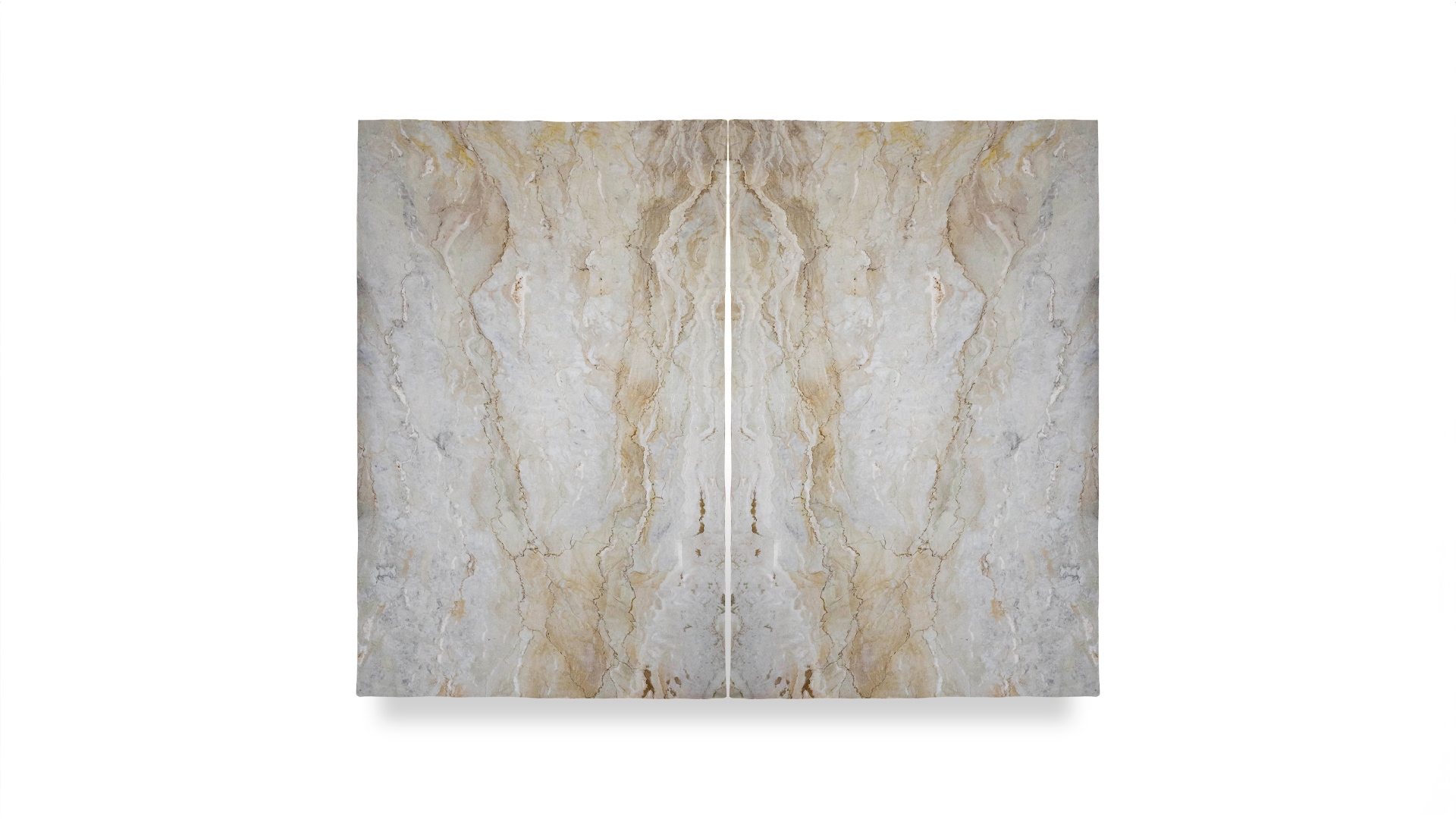 A double arrangement of Dolce Vita slabs showcasing light gray and beige tones with intricate veining, forming a symmetrical and refined pattern.