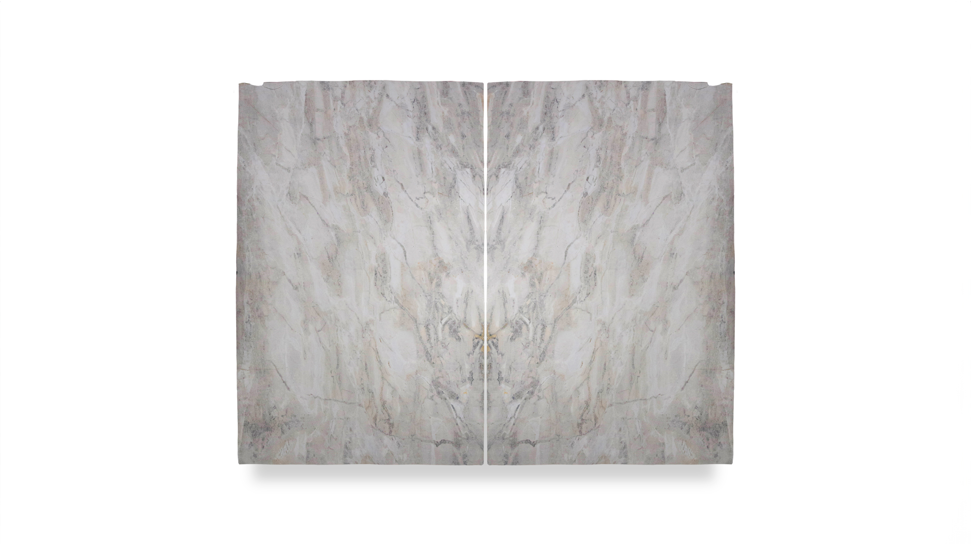 Two marble slabs with light gray and beige hues, placed side by side, creating a mirror image effect with subtle veining patterns.