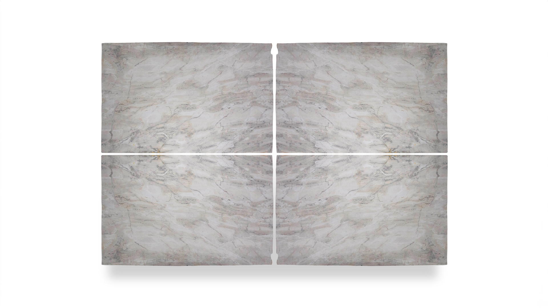 Four matching marble slabs arranged in a symmetrical pattern, featuring light gray and beige hues with subtle veining and a polished finish.