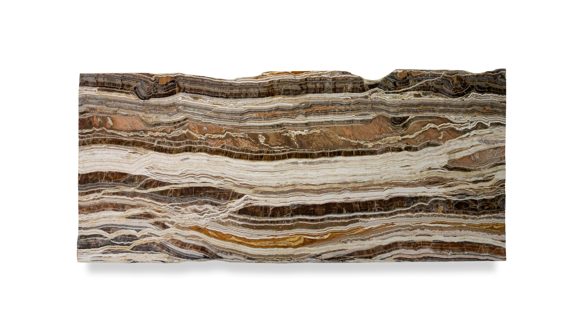 A slab of onyx with horizontal layers in shades of brown, beige, and white, creating a striking, wavy, banded pattern.