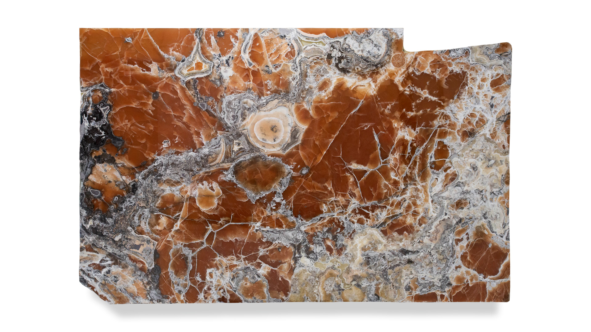 A slab of Onyx Ambra displaying vivid, warm amber tones with intricate white and grey veining patterns, featuring a mix of circular and linear formations.