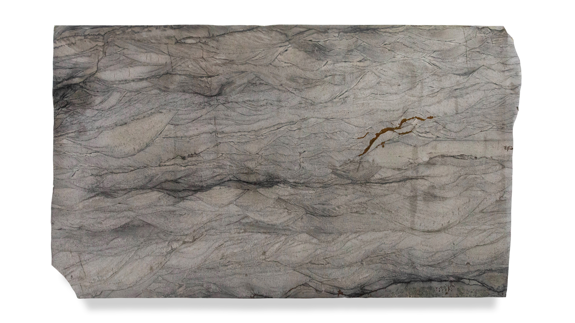 A slab of quartzite with a mix of gray and beige tones, featuring wavy, layered patterns and a noticeable crack with rust-colored veins.