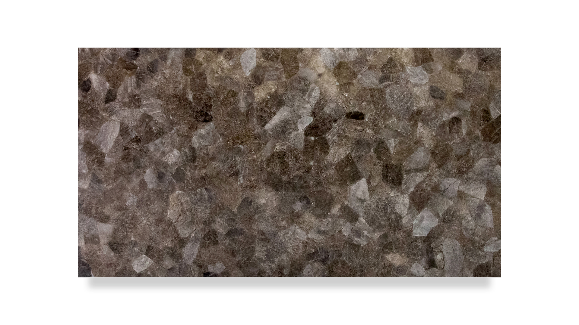 A slab of semi-precious smoky quartz stone, displaying a rich mix of brown, grey, and beige tones with a crystalline texture. The surface has a natural, gem-like appearance.