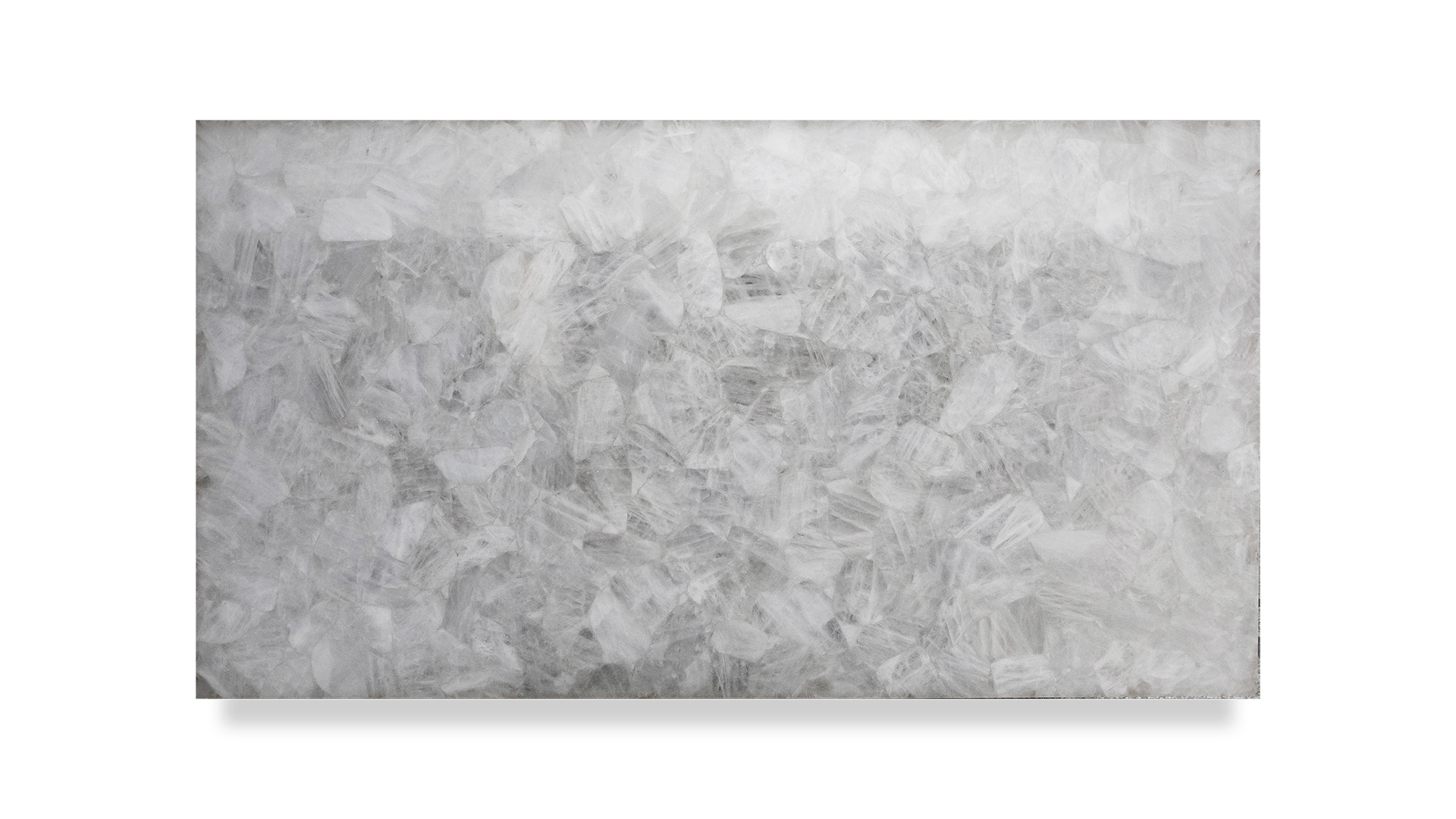 A slab of semi-precious white quartz stone, featuring a crystalline structure with various shades of white and light grey. The surface has a textured, gem-like appearance.