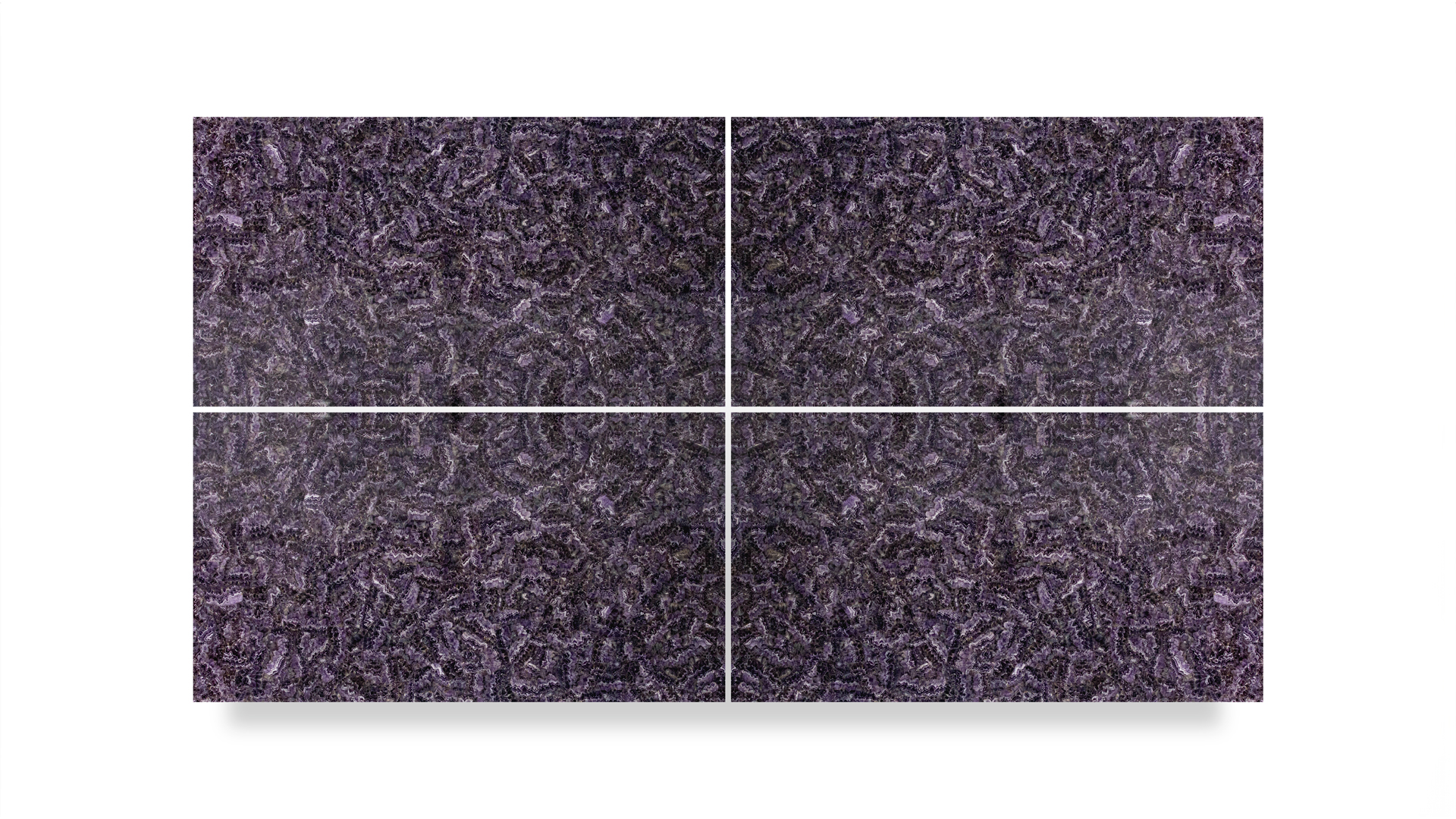 A semi-precious stone slab with a rich, deep purple color, featuring an intricate, kaleidoscopic pattern that creates a visually textured appearance.