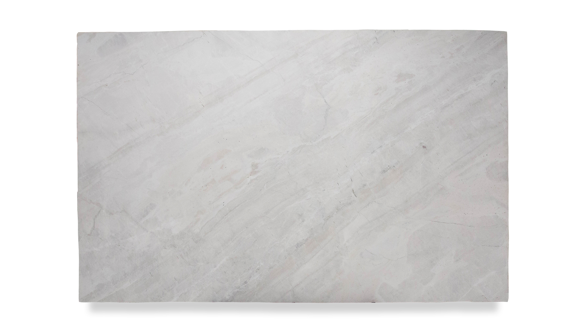 A large, light gray marble slab with subtle, diagonal veining and a smooth, honed finish.