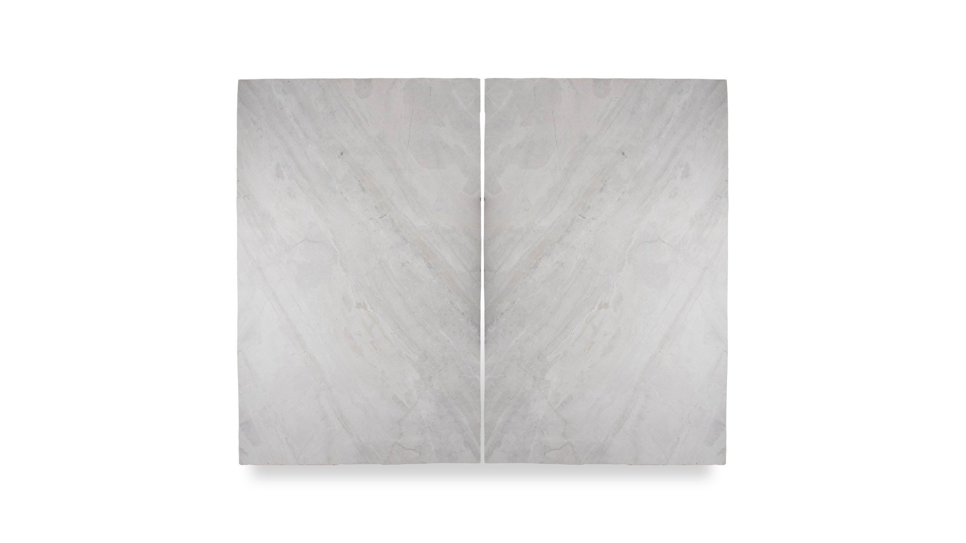 Two large, light gray marble slabs with subtle, symmetrical veining, positioned side by side to create a mirrored effect.