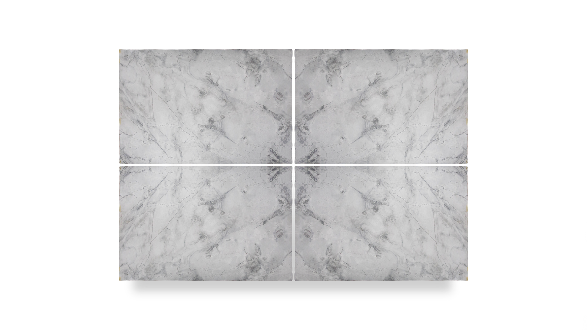 A composite image showing four quadrants of a light gray stone slab with intricate veining, creating a symmetrical pattern at the center where the quadrants meet.