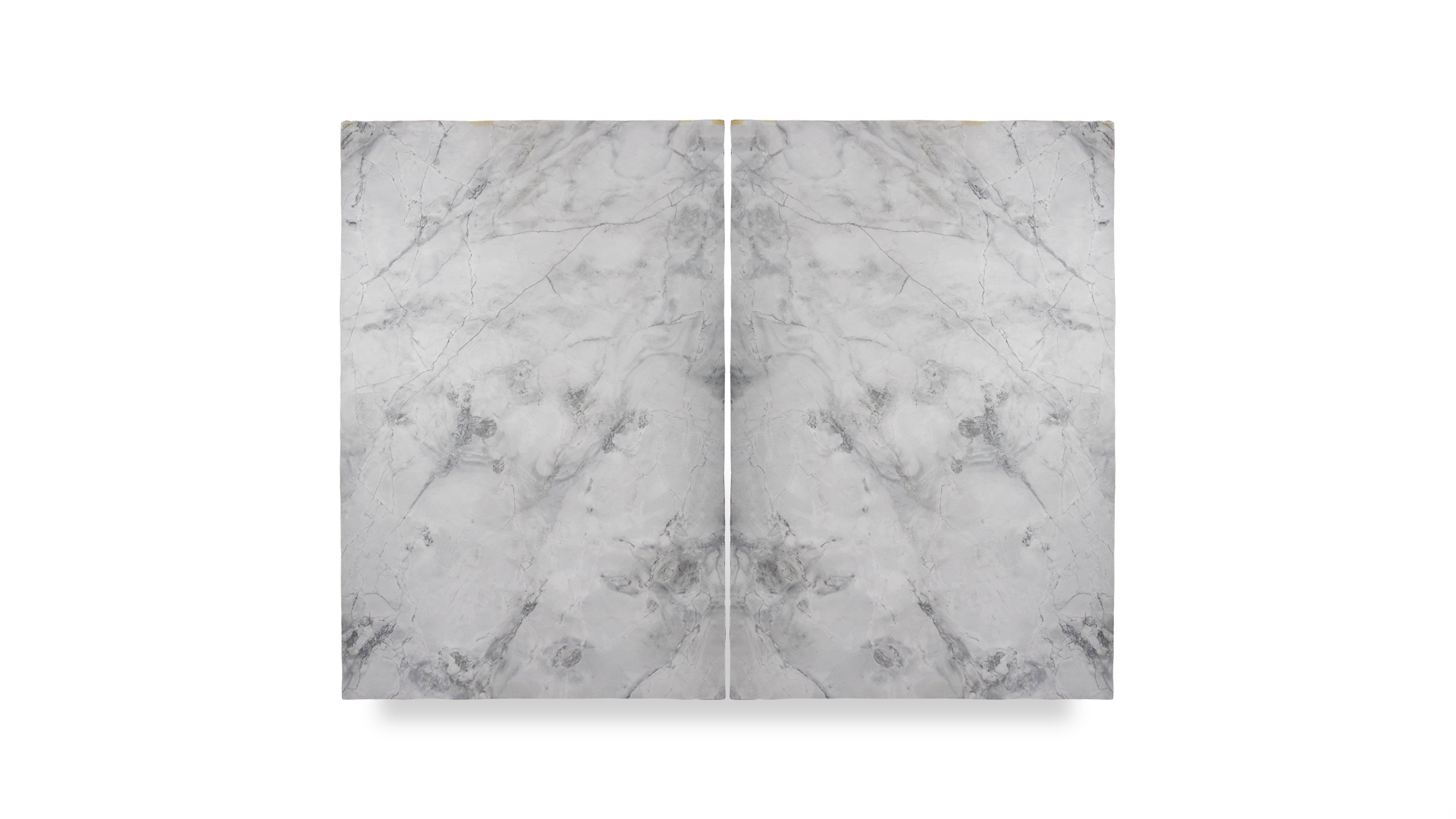 A composite image featuring two vertically arranged panels of light gray stone with delicate veining, creating a symmetrical mirror effect at the center where the panels meet.