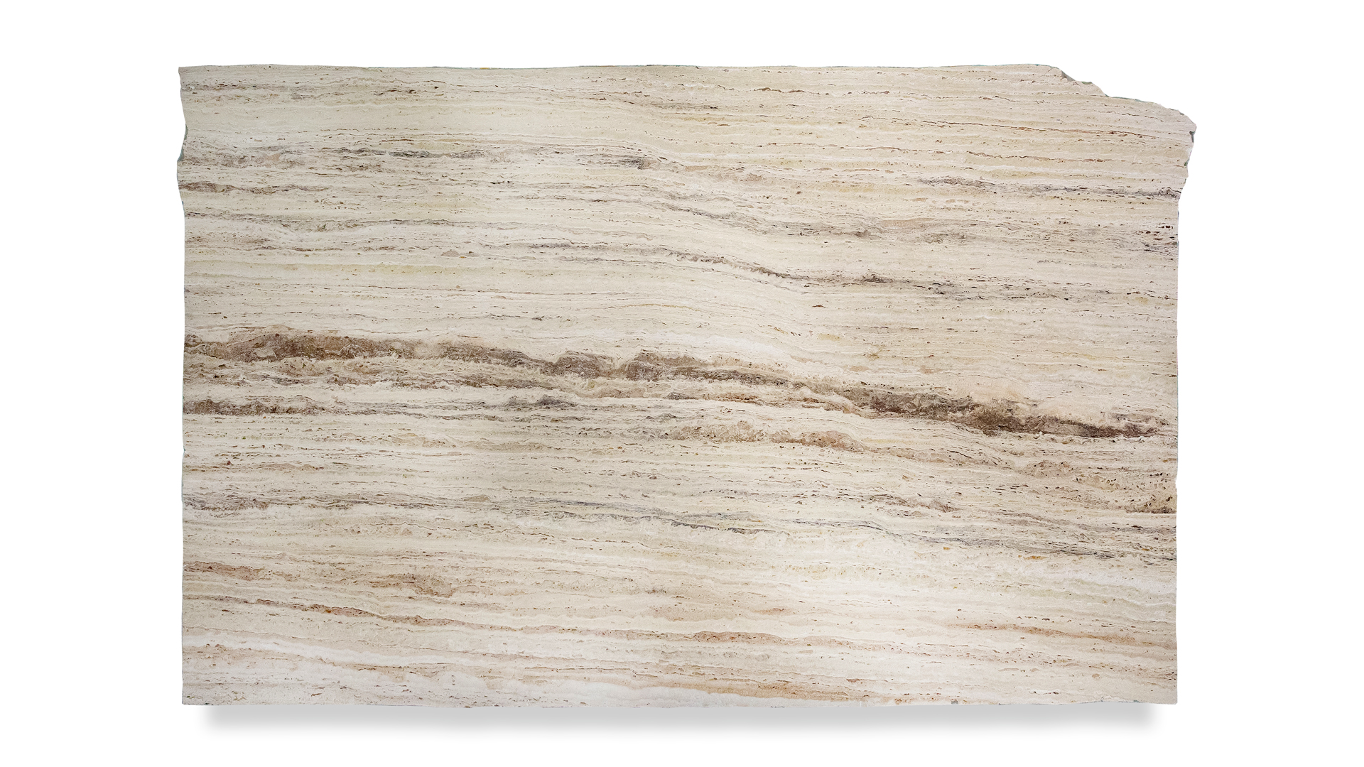 A slab of light beige travertine with horizontal layers of varying shades, displaying natural veining and texture throughout.