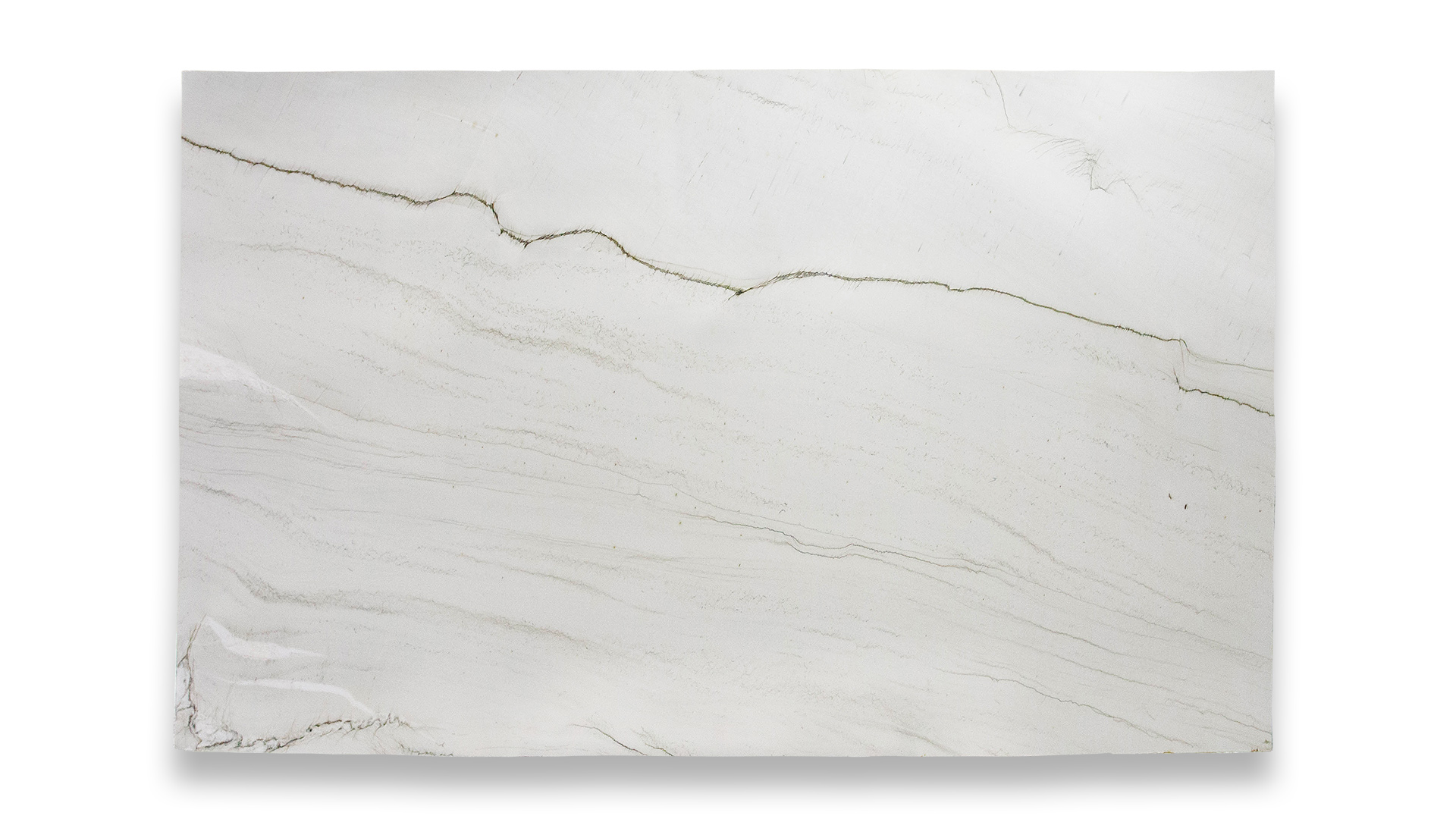 A slab of Aria Extra Polished Quartzite featuring a light, creamy surface with subtle horizontal veins and a prominent dark vein running across.