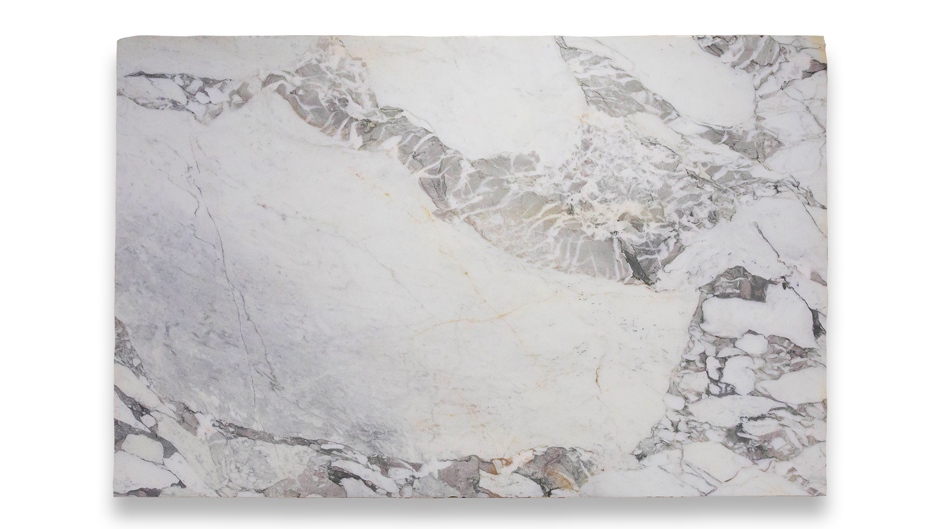 A slab of Arabescato Di Italia marble with a mix of light gray and white tones, featuring intricate patterns of darker veining and crystalline clusters.