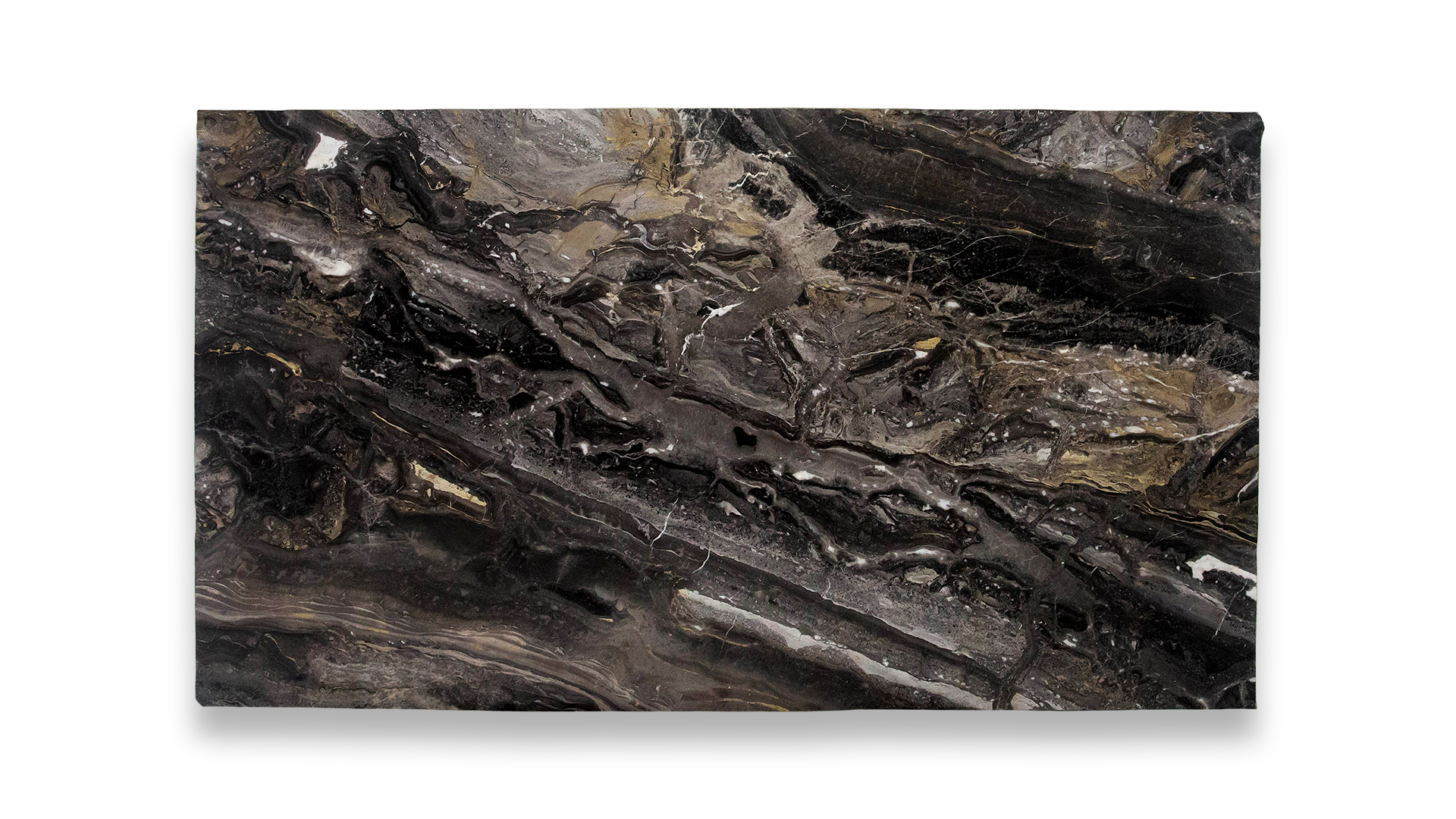 A slab of Arabescato Orobico Polished marble showcasing deep black, brown, and gold veins in a dramatic, swirling pattern.