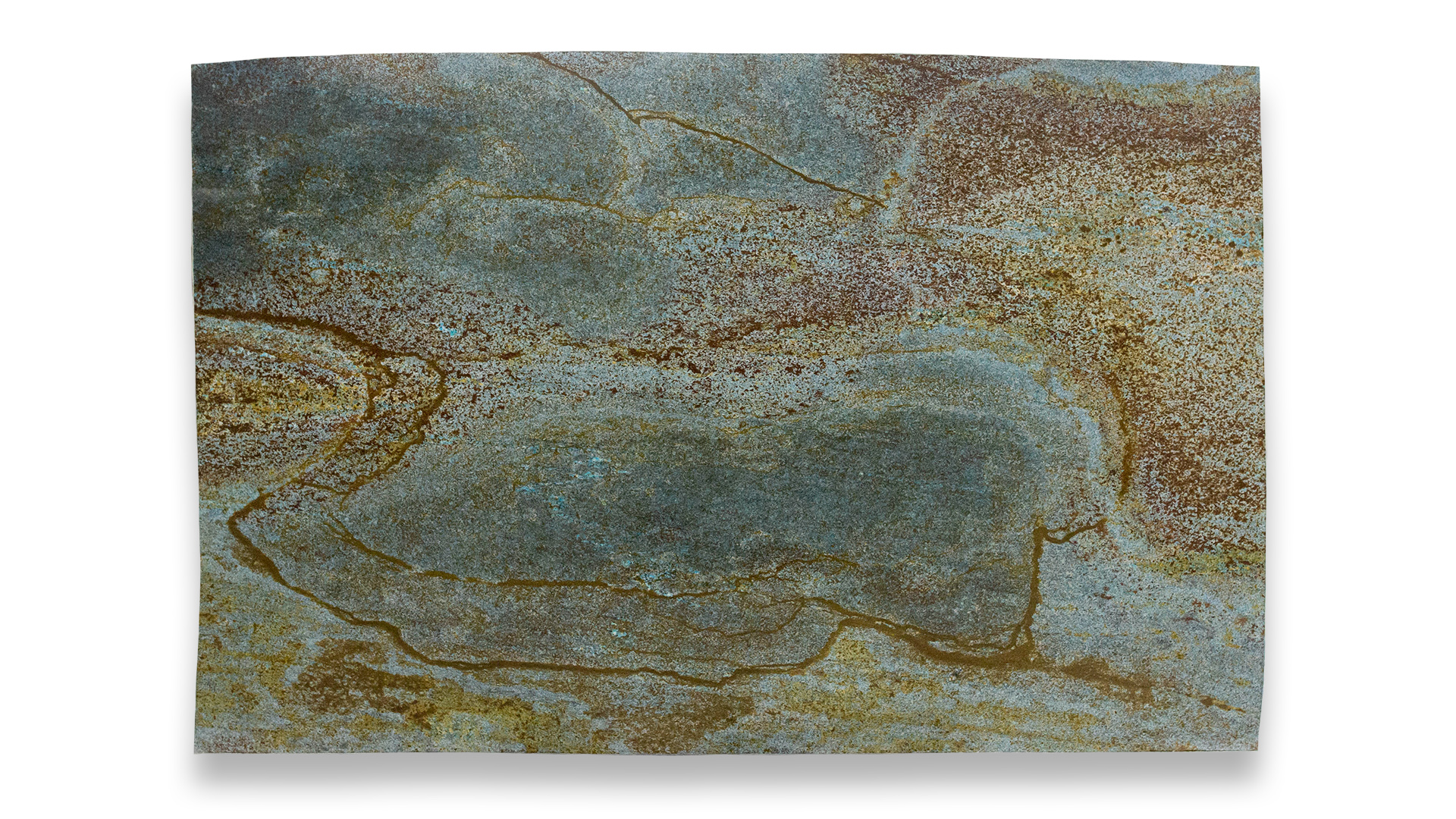 A slab of Blue Louise Polished Quartzite with vibrant blue, green, and golden-brown tones, displaying intricate, natural swirling patterns.