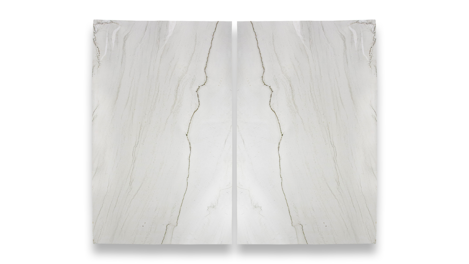 This image features a double-panel artwork with a symmetrical pattern resembling polished Aria Extra quartzite, displaying white and light gray hues.