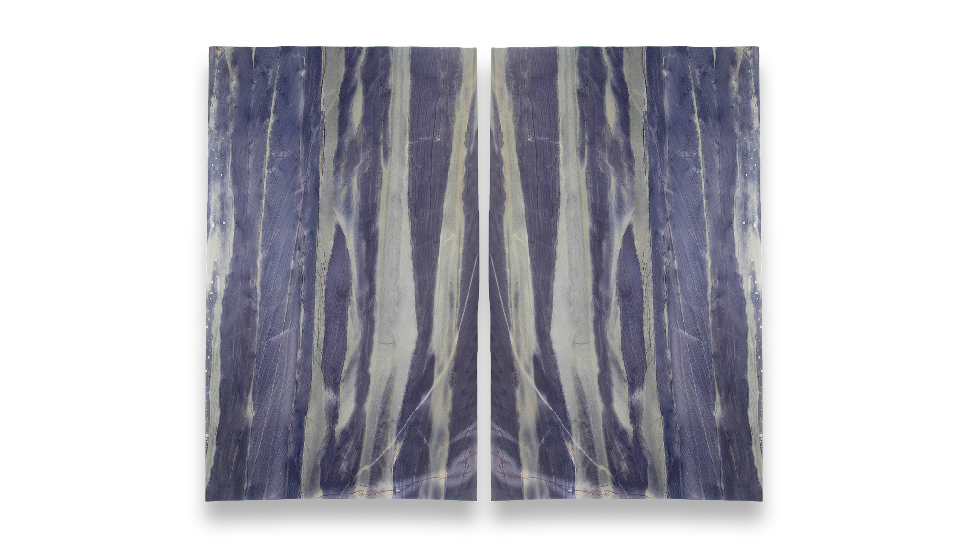 This image features a double-panel artwork with a symmetrical pattern resembling polished Azul Boquira quartzite, displaying blue and gray hues.