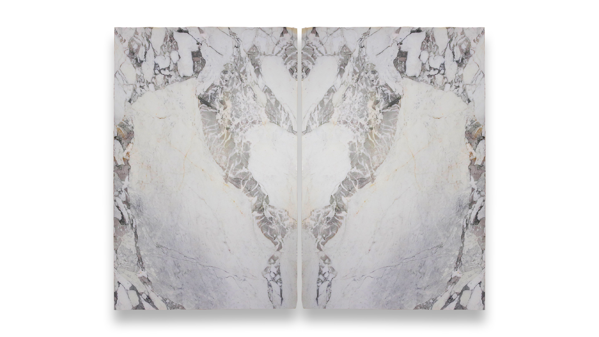 A duo-panel artwork of Arabescato Di Italia marble, showcasing a symmetrical pattern with white and gray tones, and intricate veining.