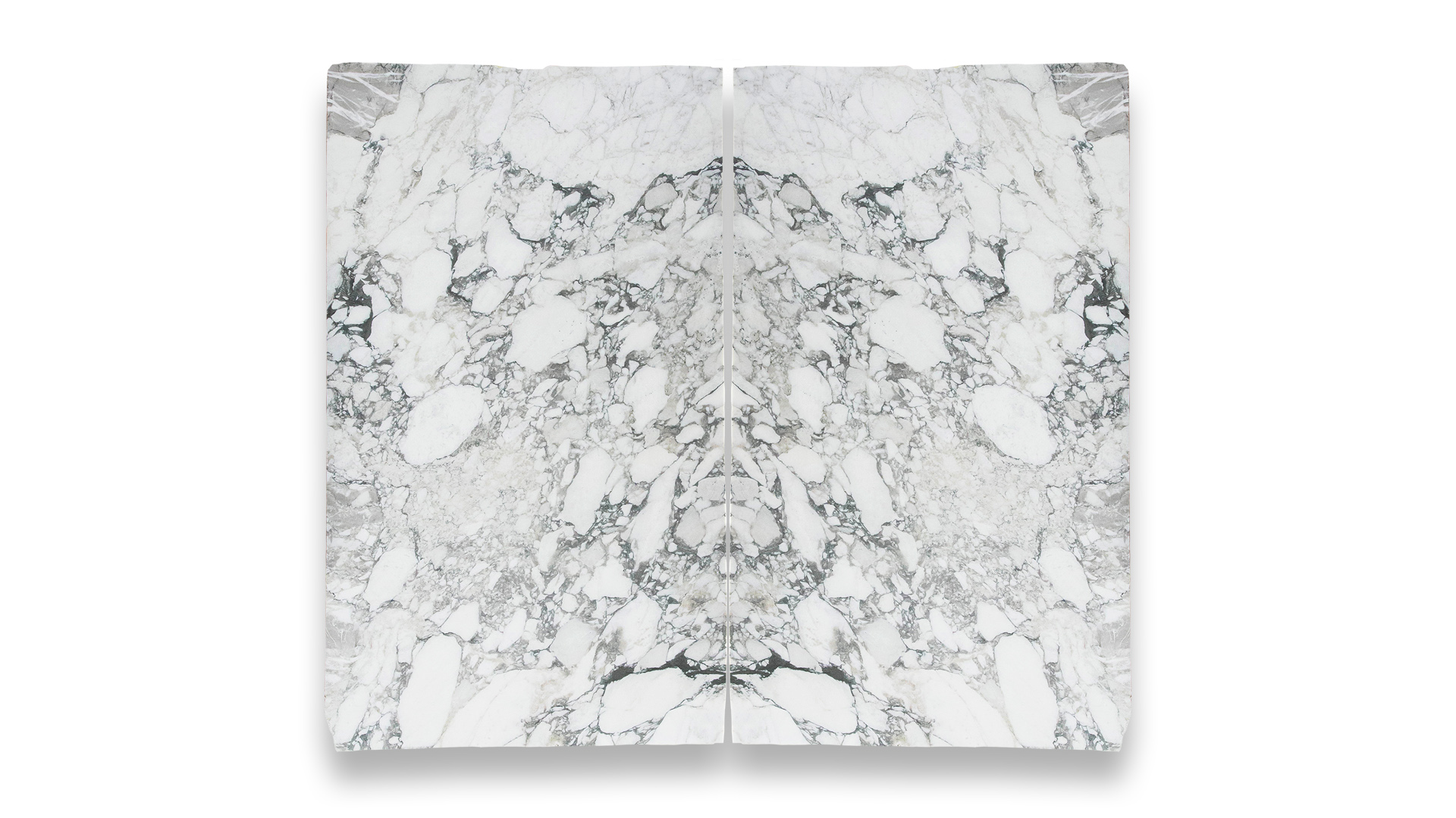 This image features a double-panel artwork with a symmetrical pattern resembling honed Arabescato Vagli marble, with white and gray hues and intricate veining.