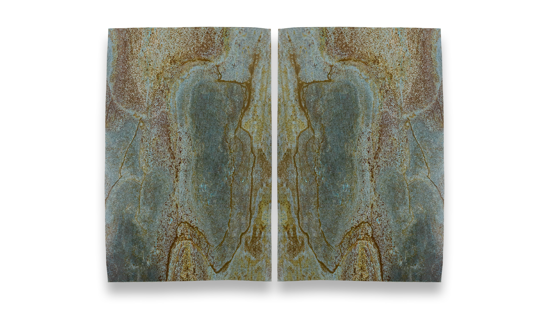 This image features a double-panel artwork with a symmetrical pattern resembling polished Blue Louise quartzite, displaying blue, gold, and brown hues.