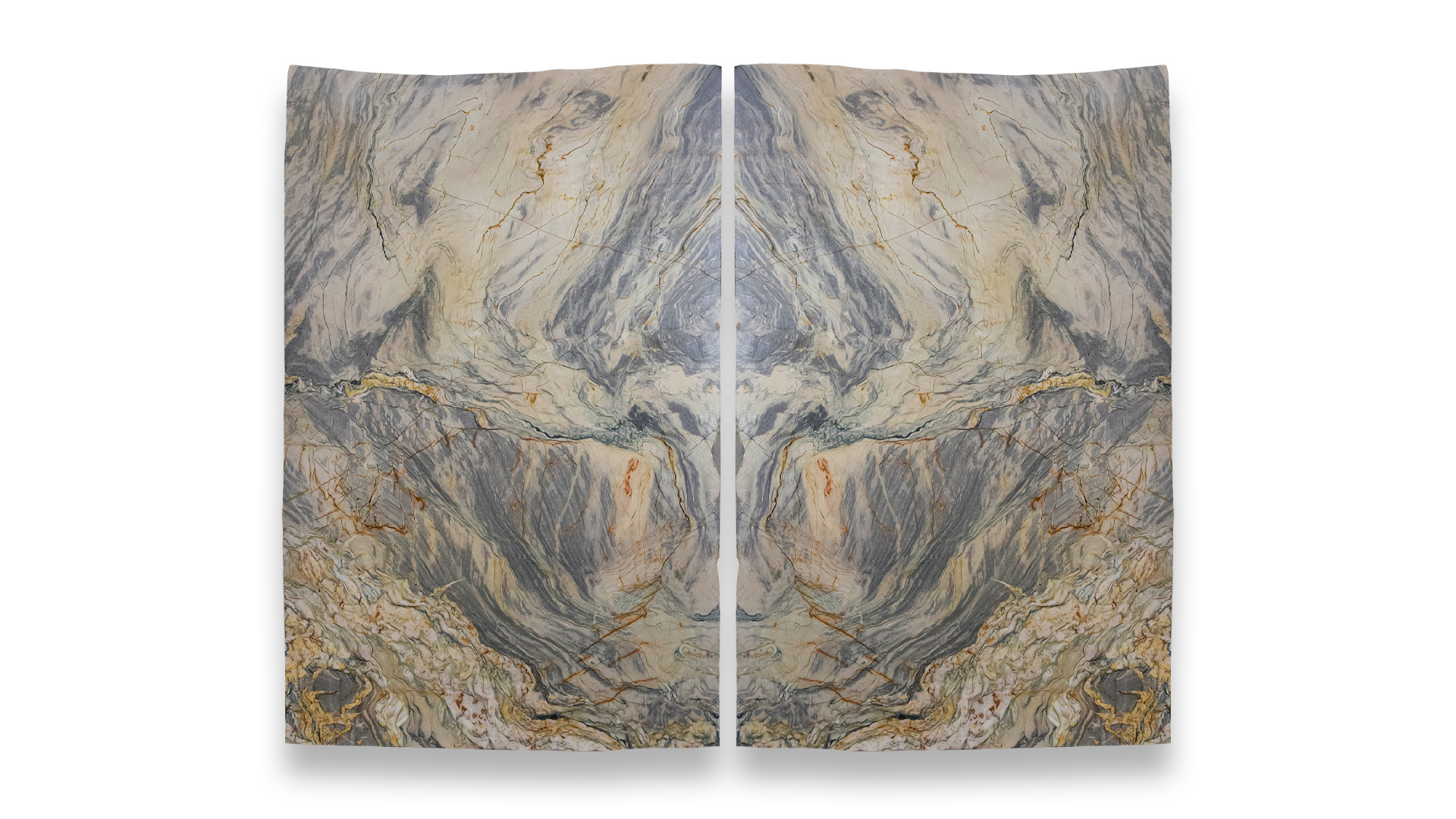 This image features a double-panel artwork with a symmetrical pattern resembling polished Bora Bora quartzite, displaying swirling gray, beige, and gold hues.