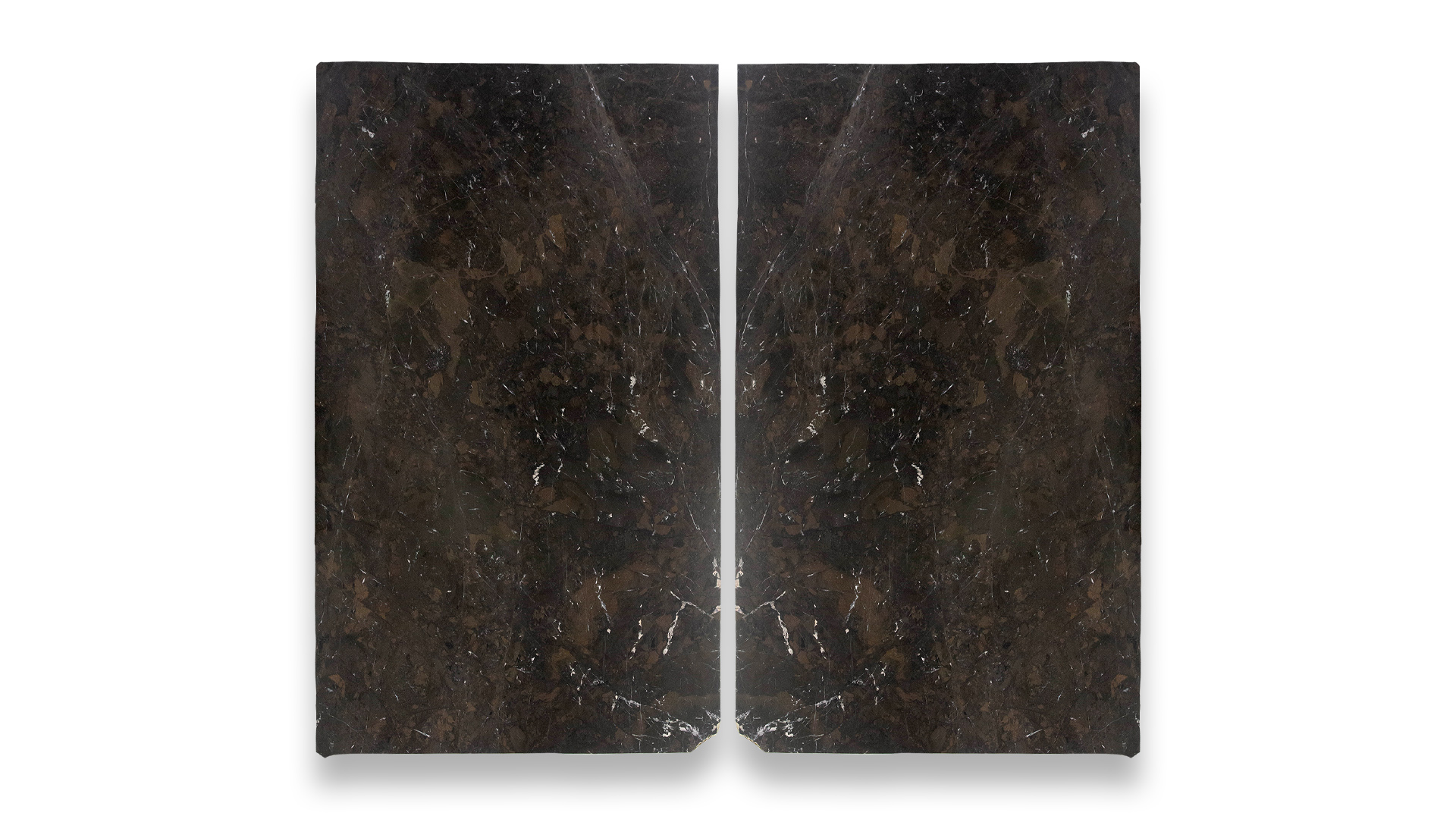 This image features a double-panel artwork with a symmetrical pattern resembling leathered Breccia Imperial quartzite, displaying dark brown and black hues.