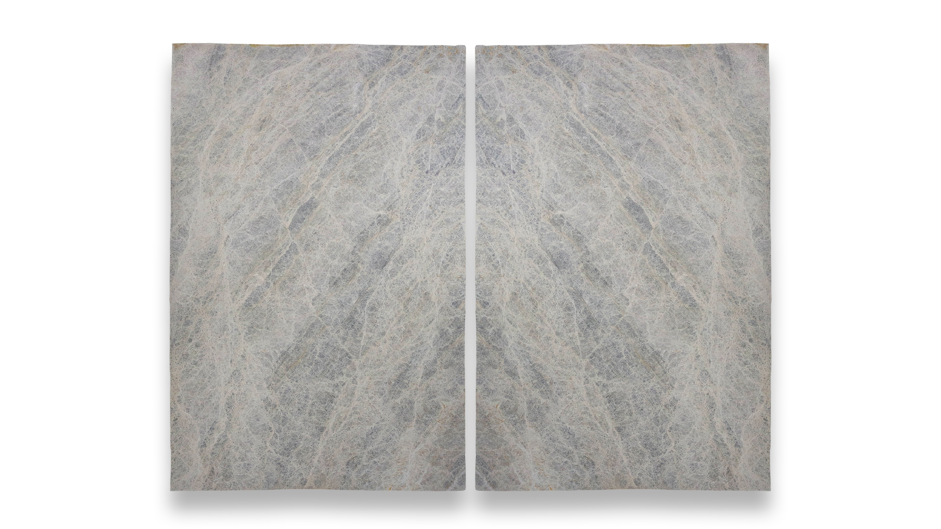 This image features a double-panel artwork with a symmetrical pattern resembling leathered quartzite, displaying soft gray and blue hues.