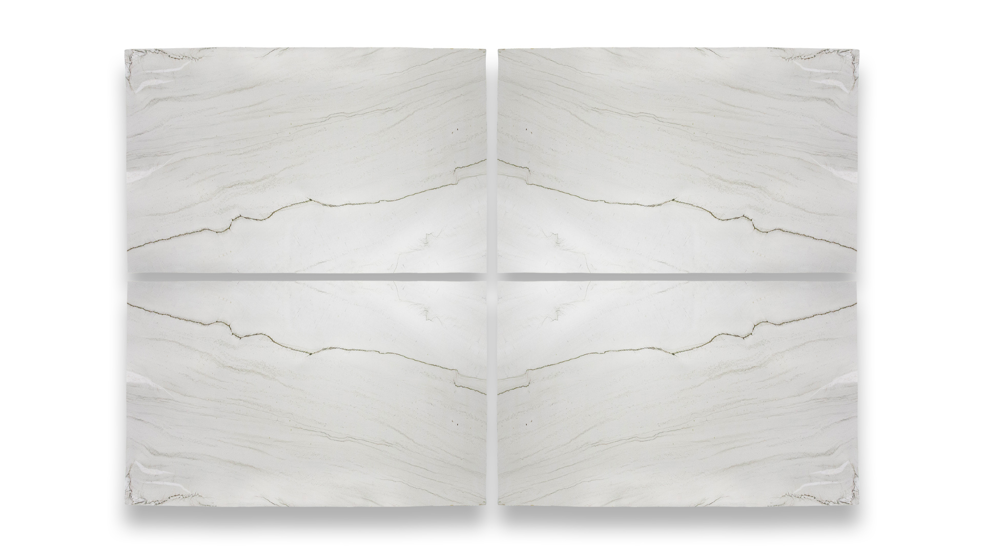 This image features a quad-panel artwork with a symmetrical pattern resembling polished Aria Extra quartzite, displaying white and light gray hues.