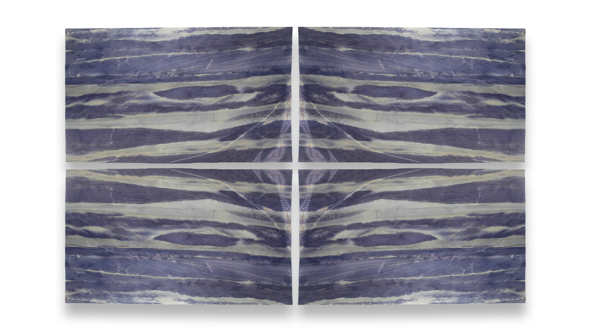 This image features a quad-panel artwork with a symmetrical pattern resembling polished Azul Boquira quartzite, displaying blue and gray hues.