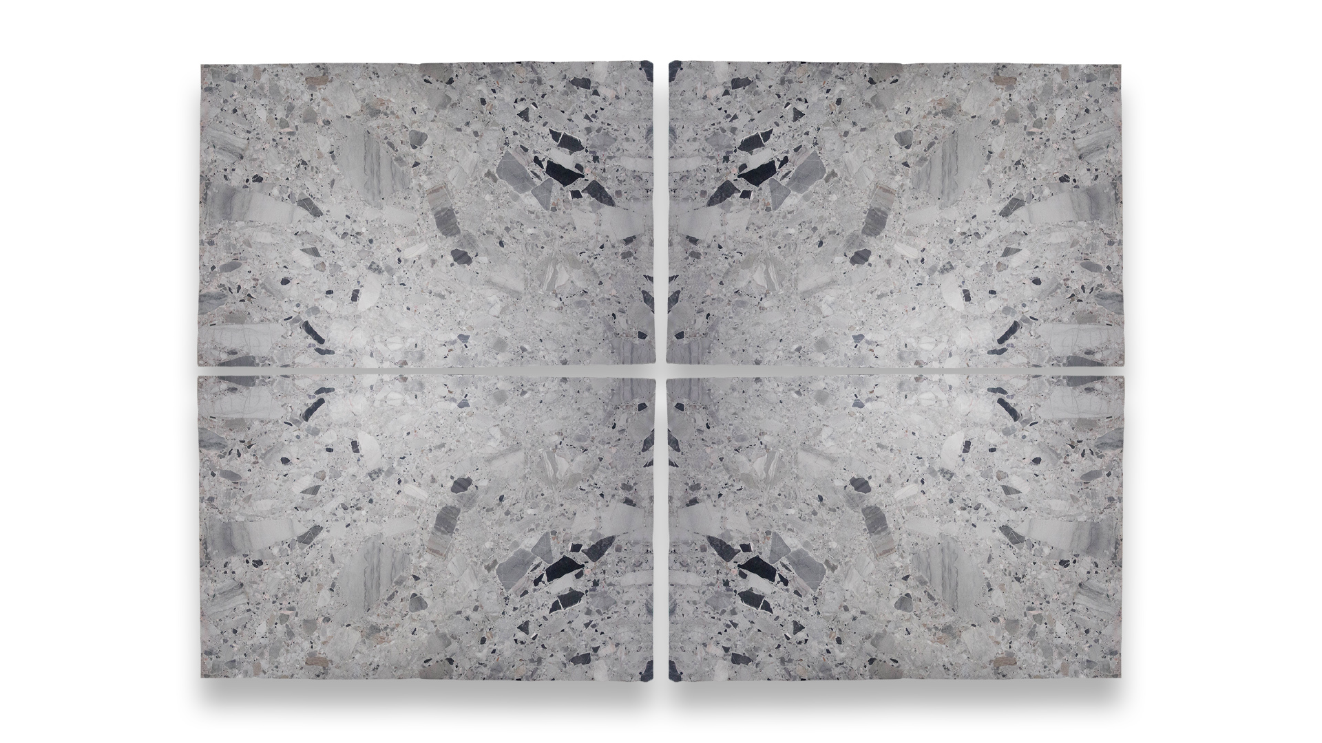 A quad-panel artwork of Appia Grey Leathered Marble, displaying a symmetrical pattern with a mix of gray, white, and black tones, and scattered fragments.