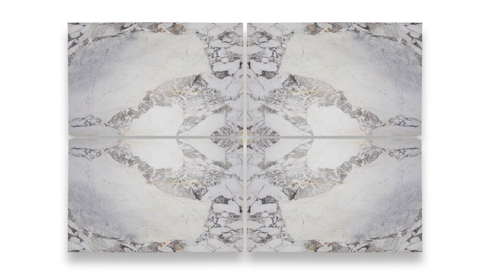 A quad-panel artwork featuring Arabescato Di Italia marble with symmetrical white and gray tones, intricate veining and patterns.