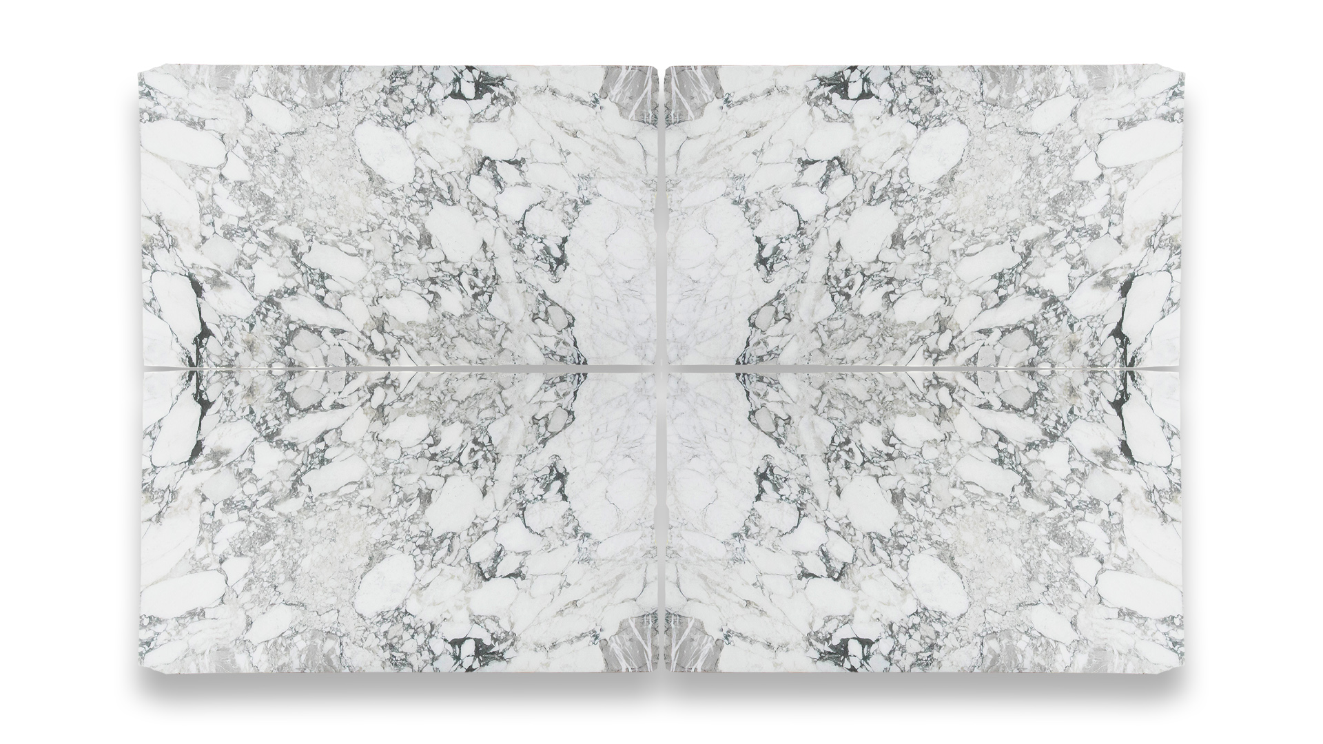 This image features a quad-panel artwork with a symmetrical pattern resembling honed Arabescato Vagli marble, with white and gray hues and intricate veining.