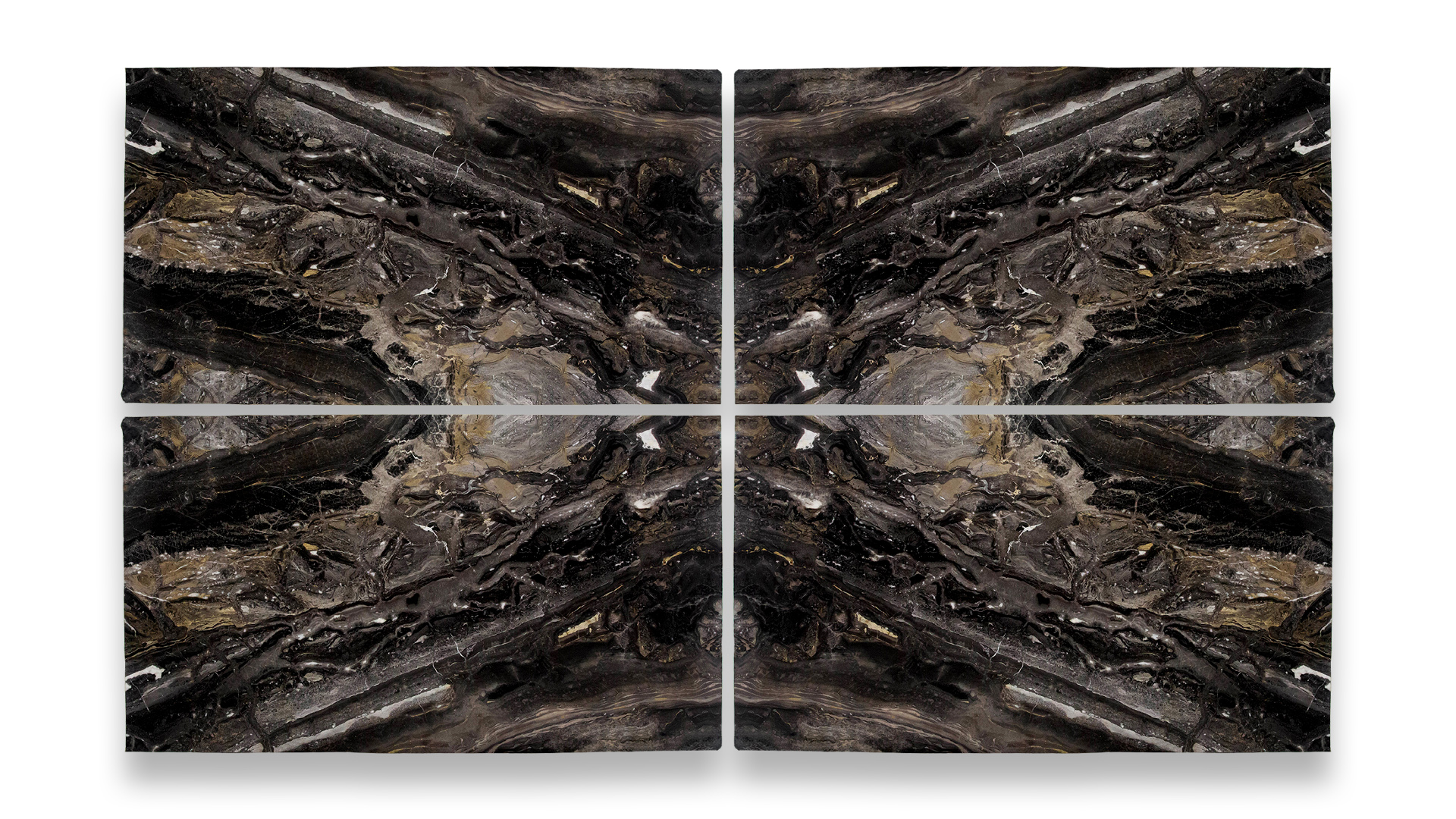 A quad-panel artwork featuring Arabescato Orobico polished marble with symmetrical dark brown, black, and beige hues, intricate veining.