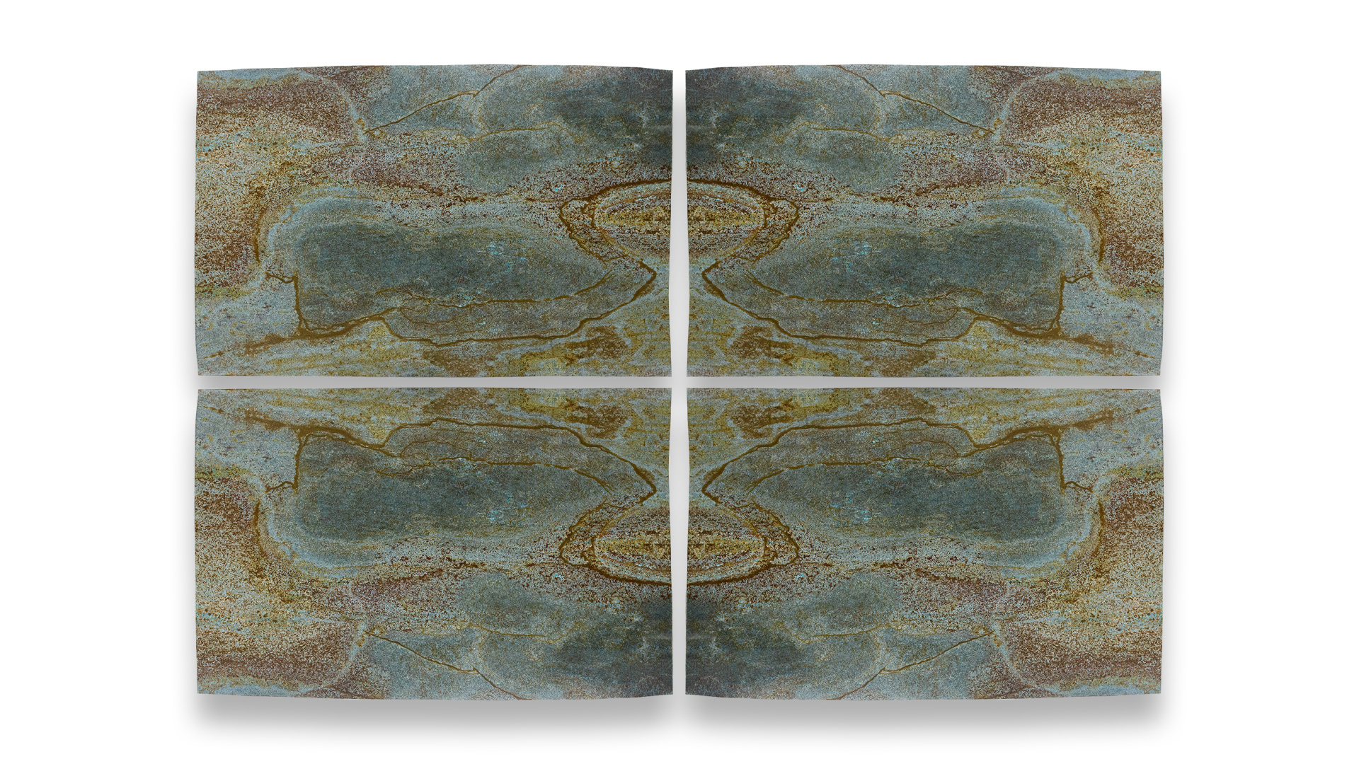 This image features a quad-panel artwork with a symmetrical pattern resembling polished Blue Louise quartzite, displaying blue, gold, and brown hues.