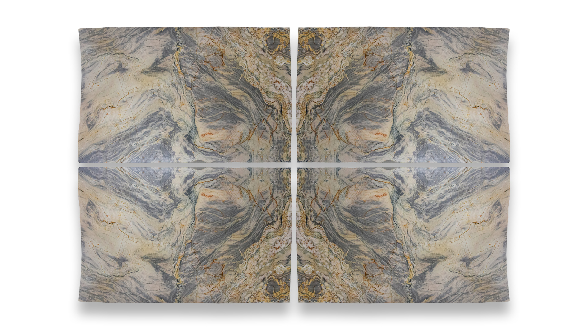 This image features a quad-panel artwork with a symmetrical pattern resembling polished Bora Bora quartzite, displaying swirling gray, beige, and gold hues.