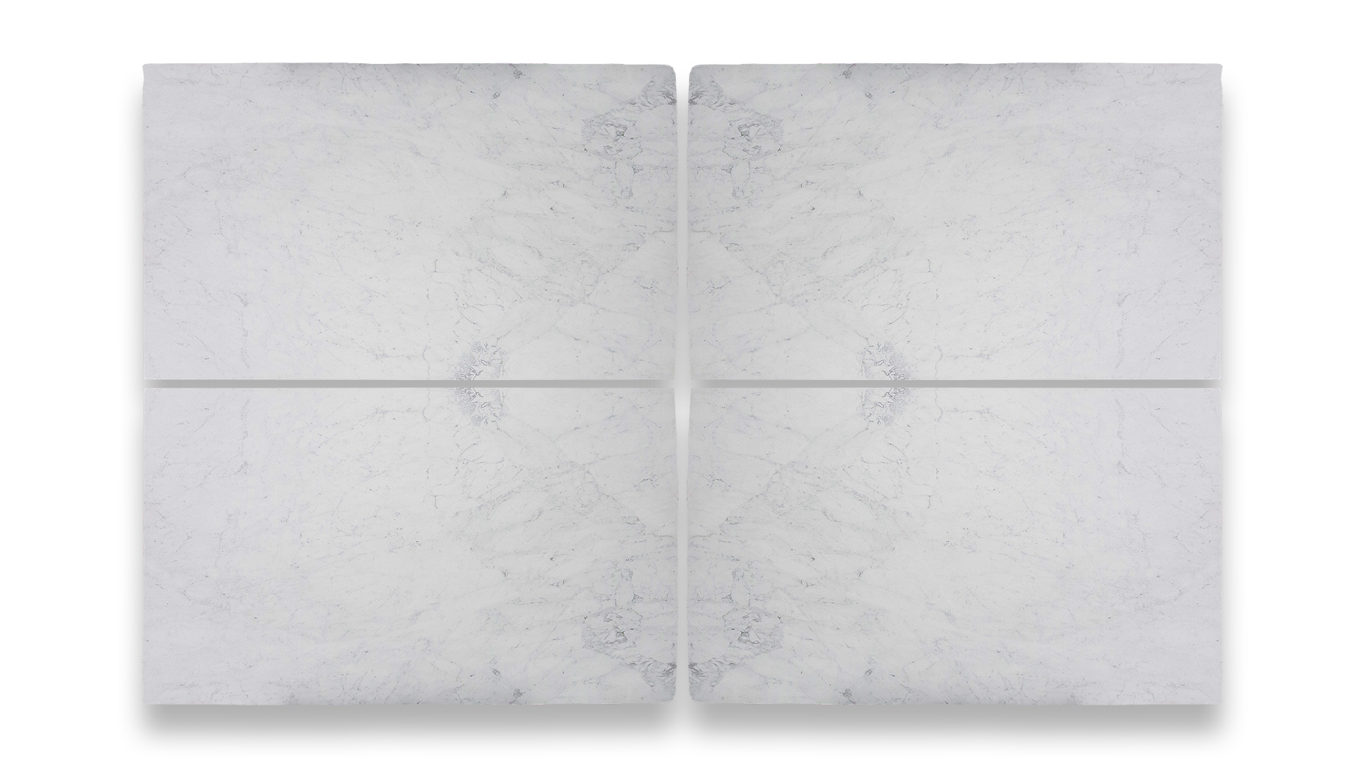 This image features a quad-panel artwork with a symmetrical pattern resembling honed Bianco Carrara Extra marble, displaying white and light gray hues.