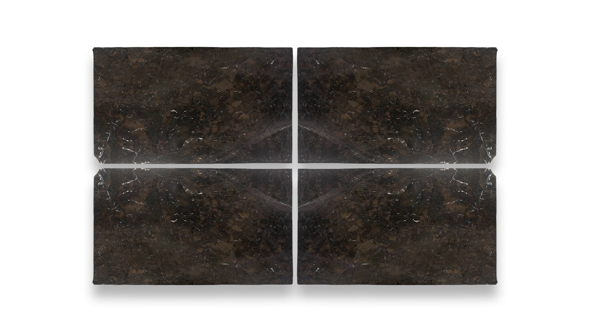 This image features a quad-panel artwork with a symmetrical pattern resembling leathered Breccia Imperial quartzite, displaying dark brown and black hues.