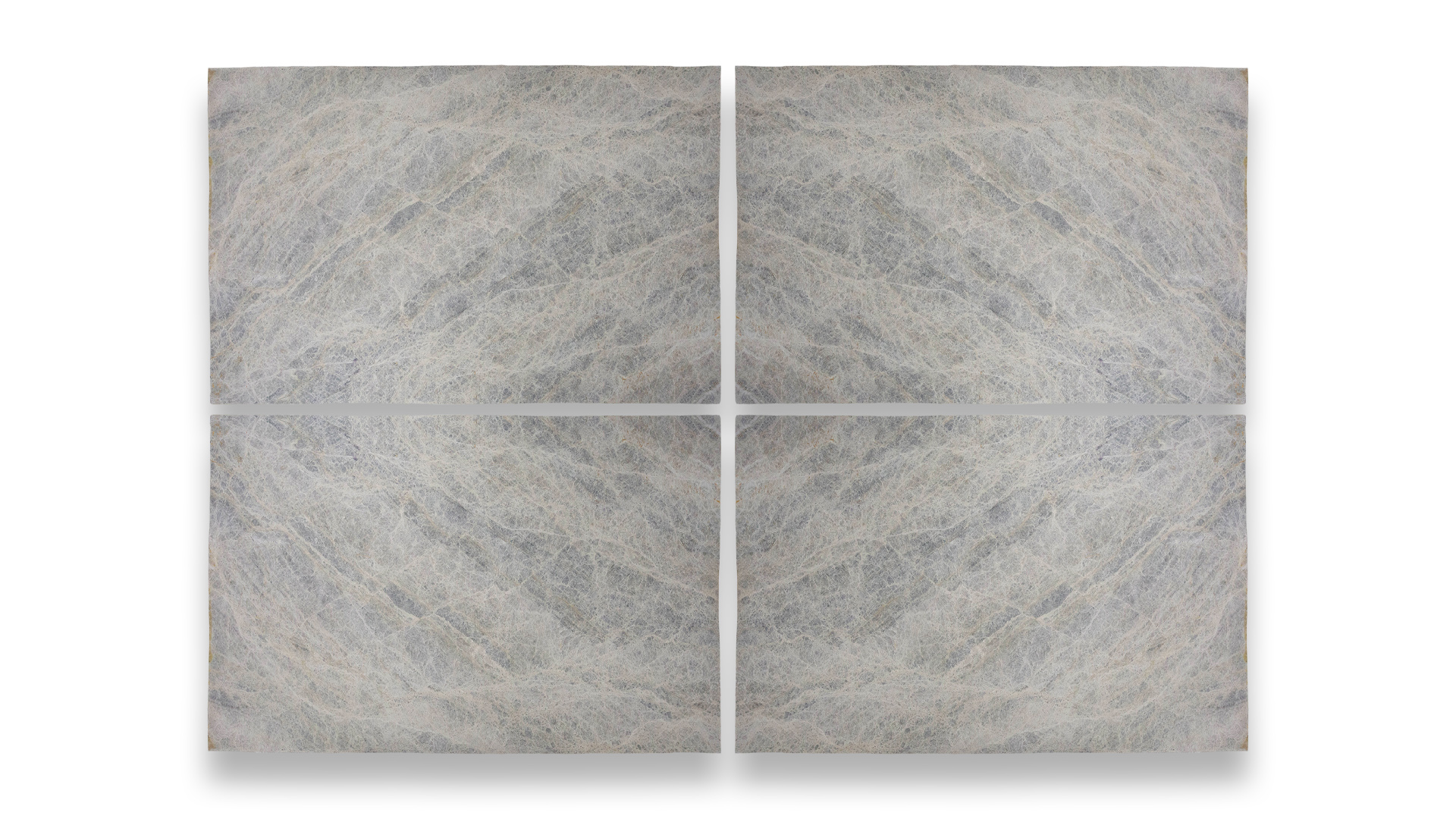 This image features a quad-panel artwork with a symmetrical pattern resembling leathered quartzite, displaying soft gray and blue hues.