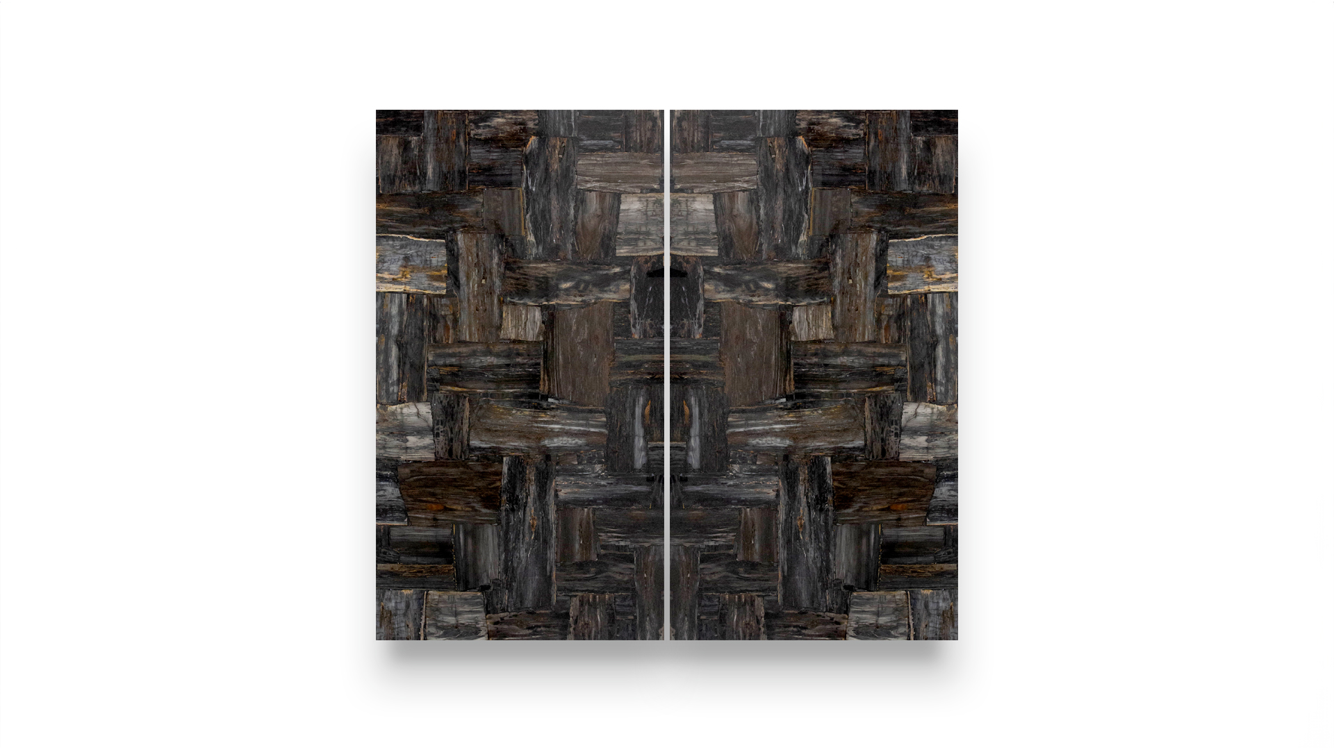 This image features a double-panel artwork with a symmetrical, abstract pattern resembling petrified wood in various shades of brown and gray.