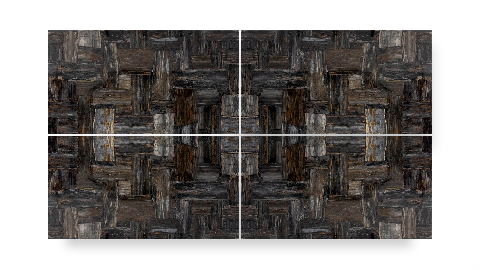 This image features a quad-panel artwork with a symmetrical, abstract pattern resembling petrified wood in various shades of brown and gray.