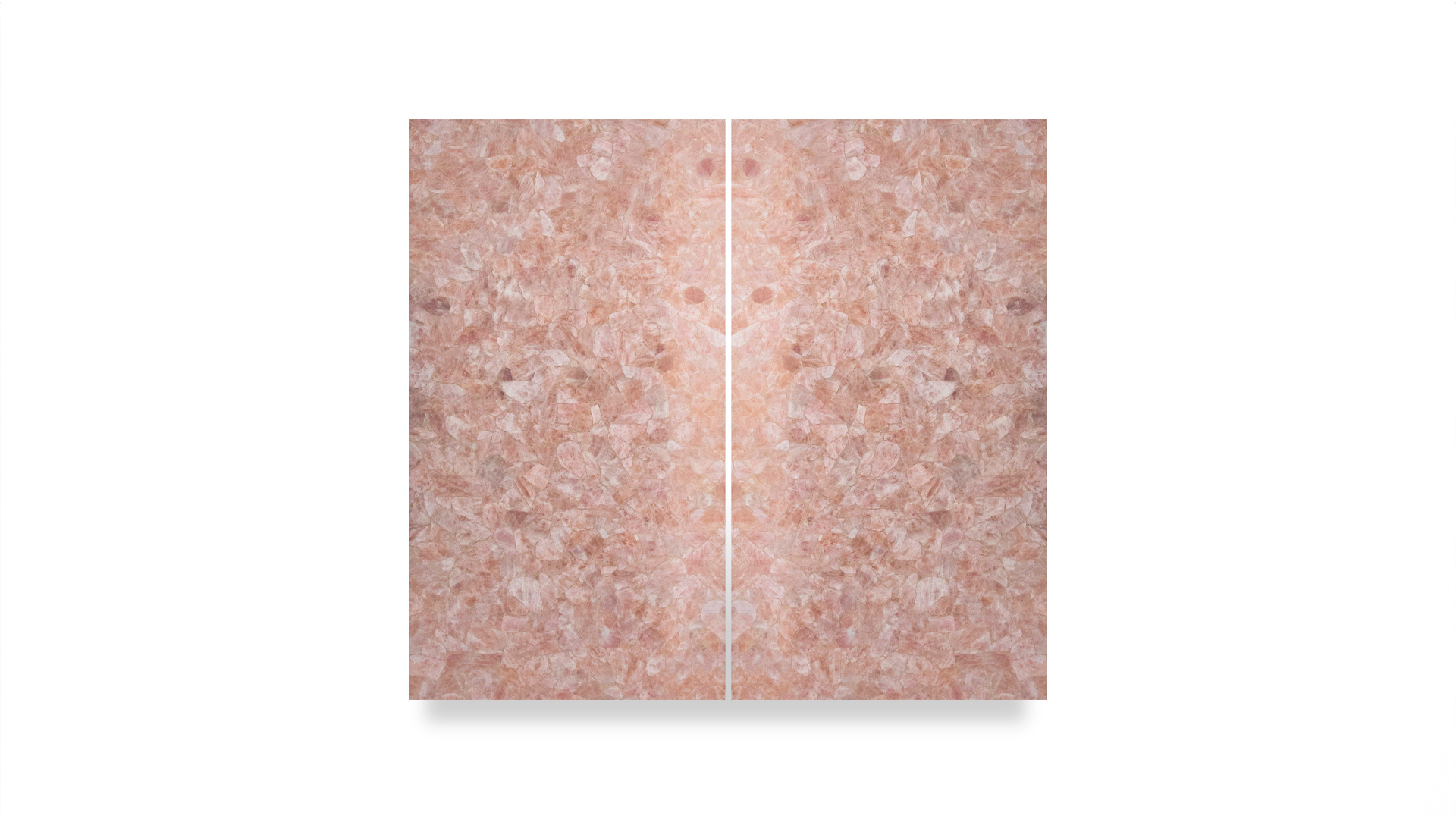 This image features a double-panel artwork with a symmetrical, abstract pattern resembling rose quartz, showcasing soft pink and peach hues.