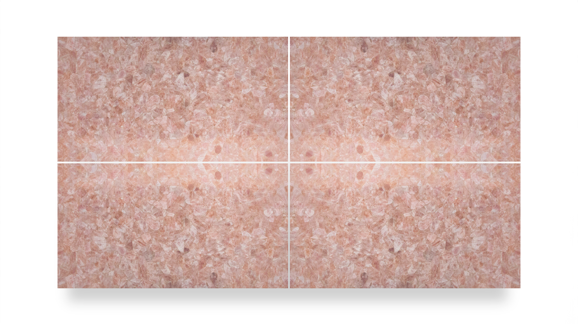 This image features a quad-panel artwork with a symmetrical, abstract pattern resembling rose quartz, displaying soft pink and peach hues.