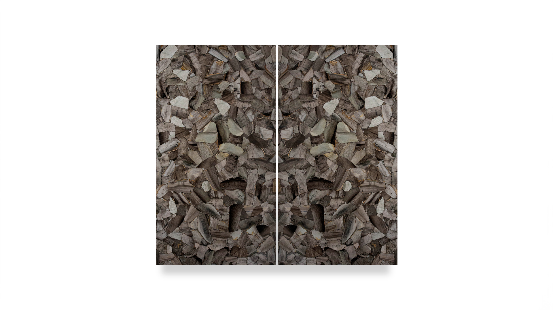 This image features a double-panel artwork with a symmetrical, abstract pattern resembling small, irregularly shaped pieces of shell and flint.