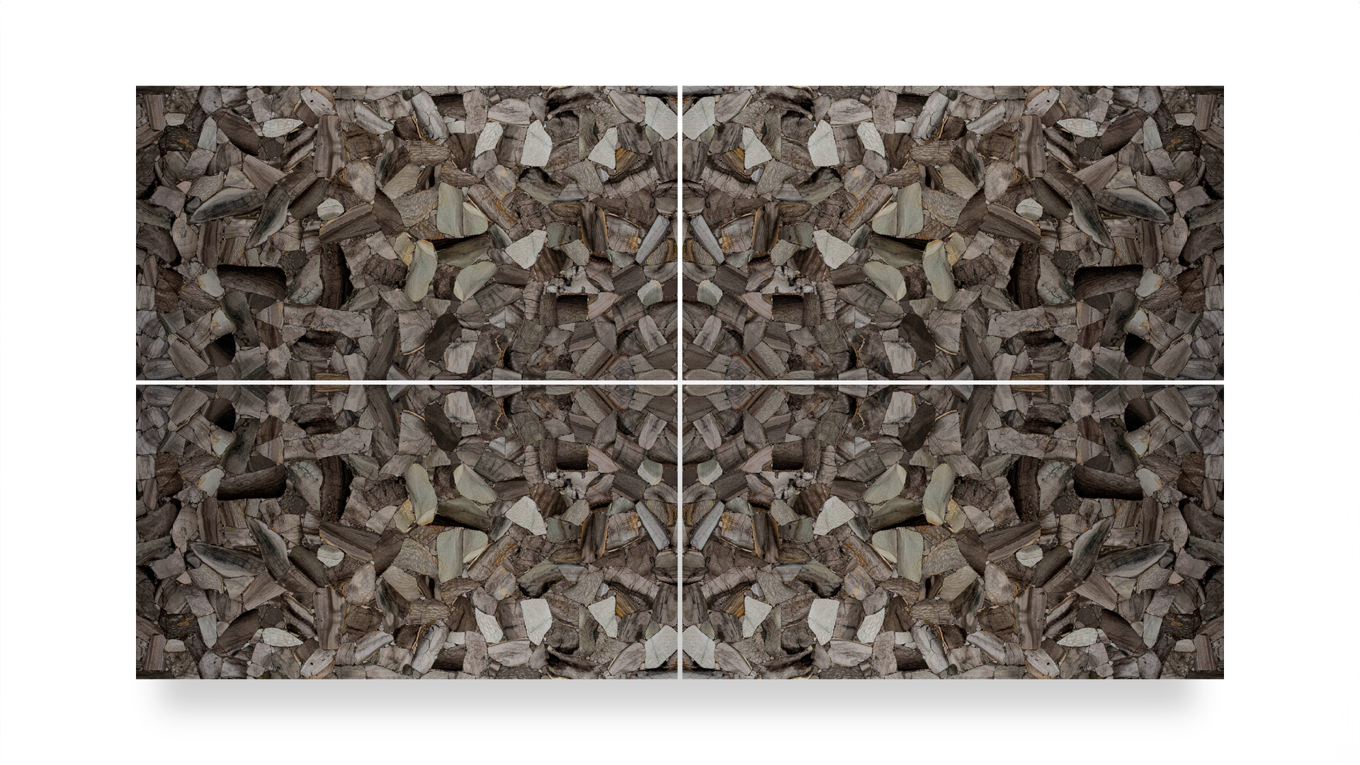 This image features a quad-panel artwork with a symmetrical, abstract pattern resembling small, irregularly shaped pieces of shell and flint in various earthy tones.