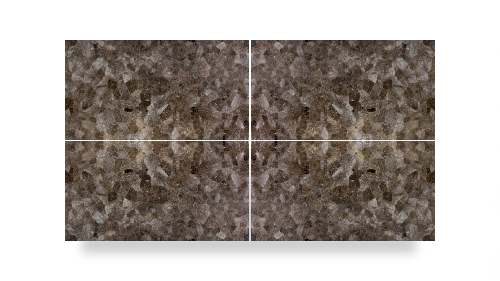 This image shows a semi-precious smoky quartz slab in a quad layout, featuring dark brown and grey crystalline patterns with a reflective quality.