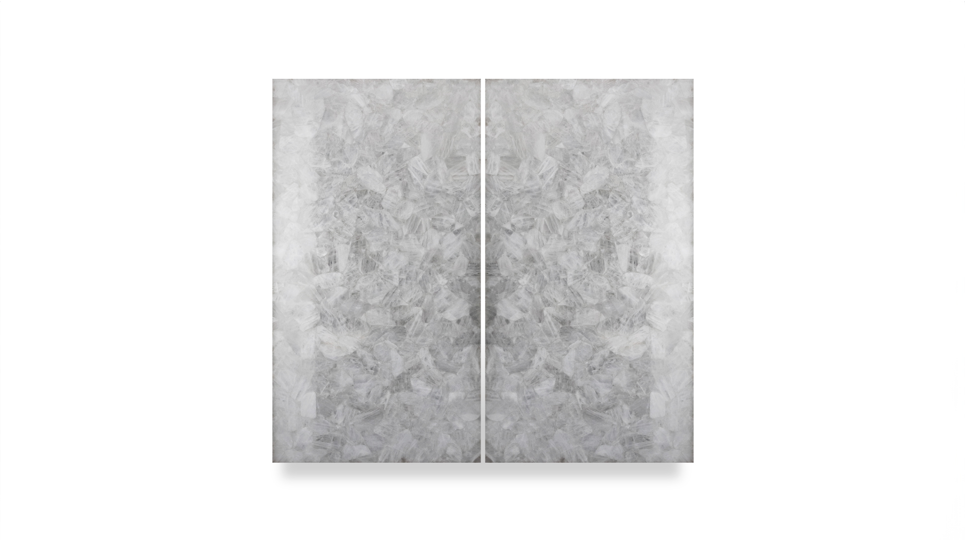 This image shows a semi-precious white quartz slab in a double layout, highlighting a reflective, crystalline pattern with a translucent quality.